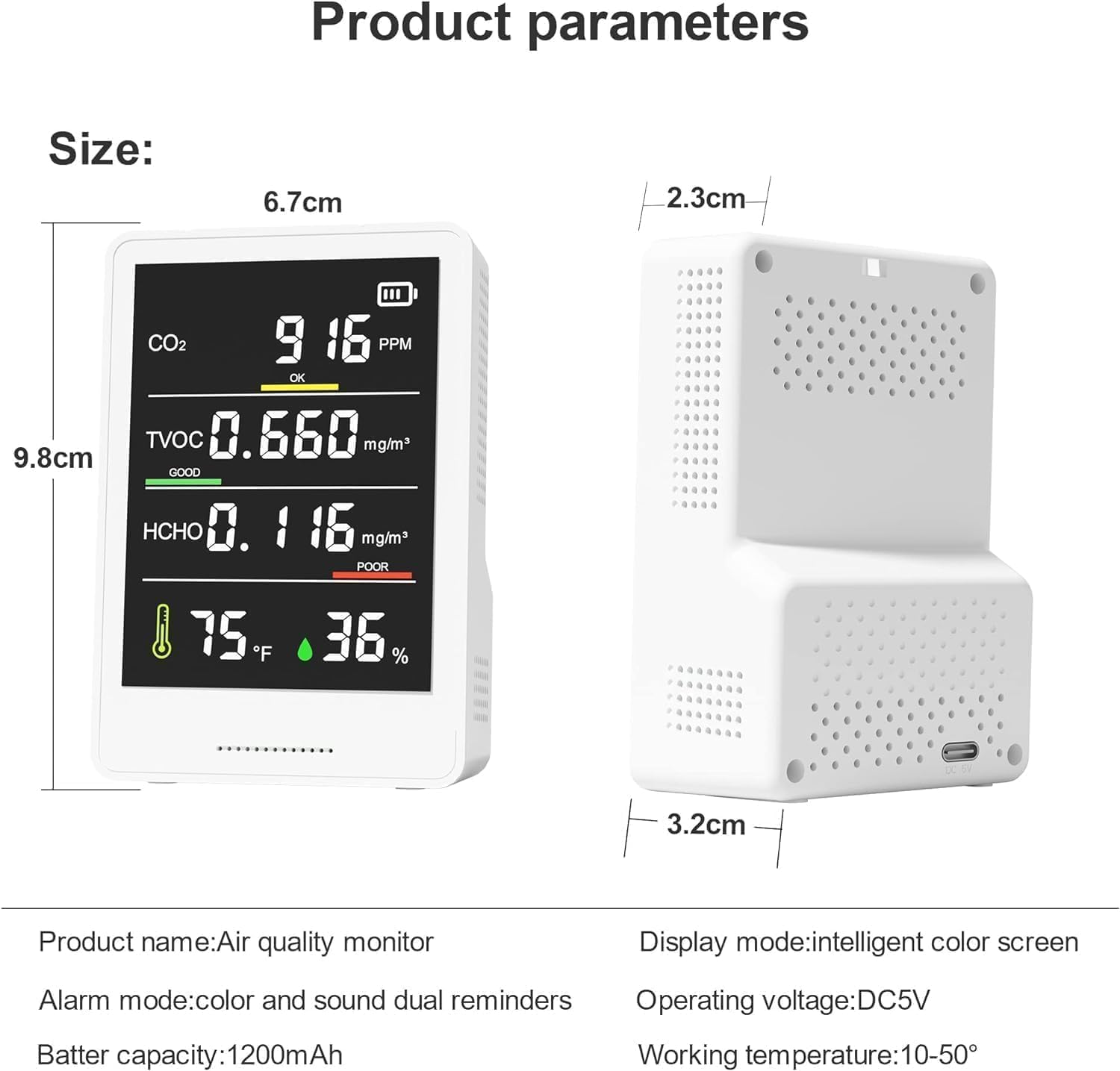 5-in-1 Infared Indoor Air Quality Monitor – CO₂, TVOC, HCHO, Temp & Humidity Sensor
