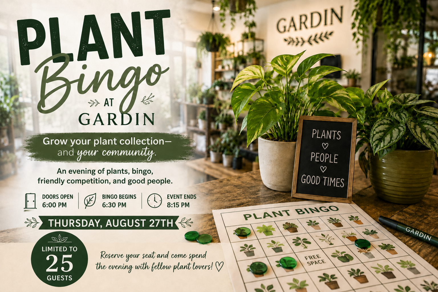 Plant Bingo at Gardin | Thursday, August 27, 2026, 6pm