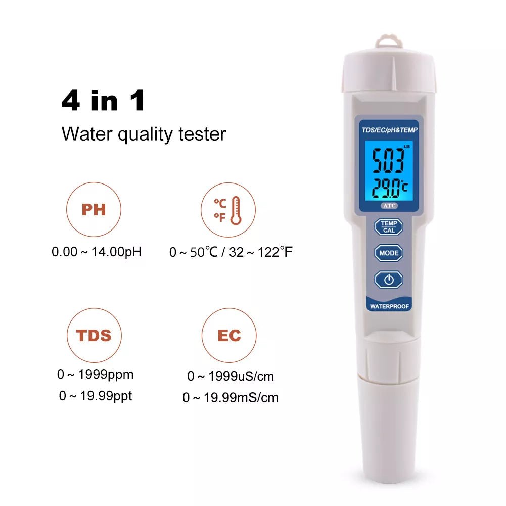 Accessories - 4 in 1 Digital PH/TDS/EC/Temperature Water Quality Meter - Gardin Warehouse