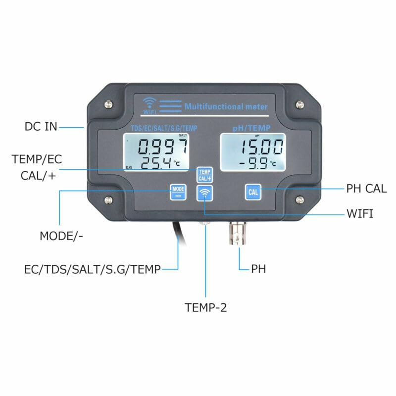 Digital Wifi 6 in 1 Monitor pH, TDS, EC, TEMP, SALT, G.S