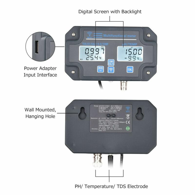 Digital Wifi 6 in 1 Monitor pH, TDS, EC, TEMP, SALT, G.S