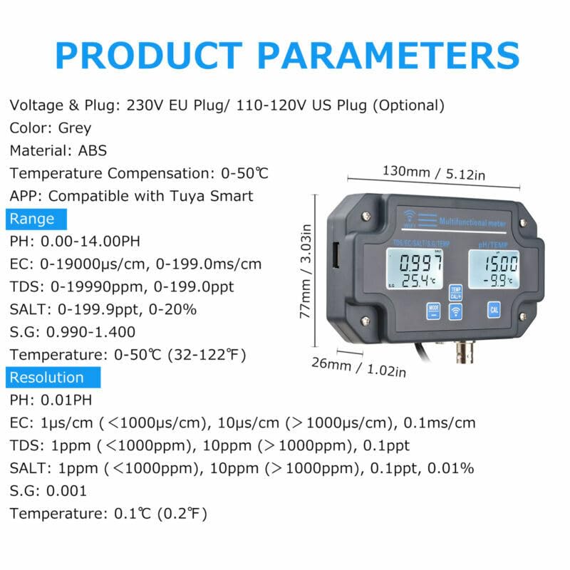 Digital Wifi 6 in 1 Monitor pH, TDS, EC, TEMP, SALT, G.S