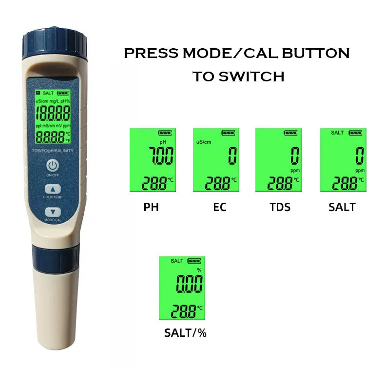 5 in 1 Digital PH, TDS, EC, Salt, Temperature Water Quality Monitor Pen