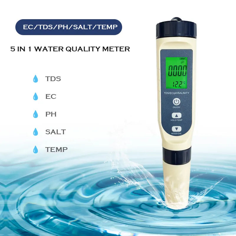 5 in 1 Digital PH, TDS, EC, Salt, Temperature Water Quality Monitor Pen