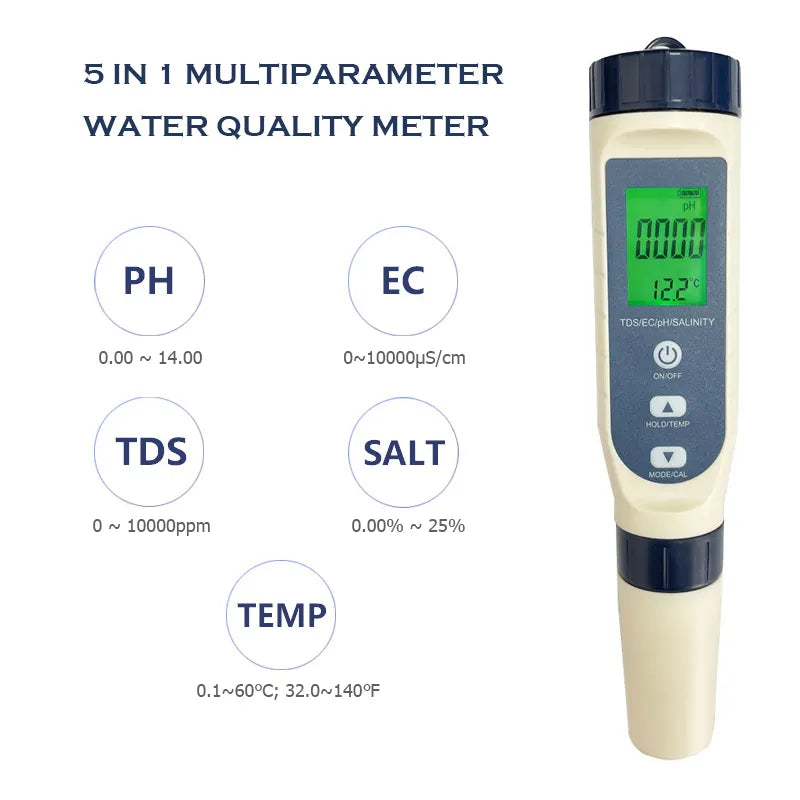 5 in 1 Digital PH, TDS, EC, Salt, Temperature Water Quality Monitor Pen