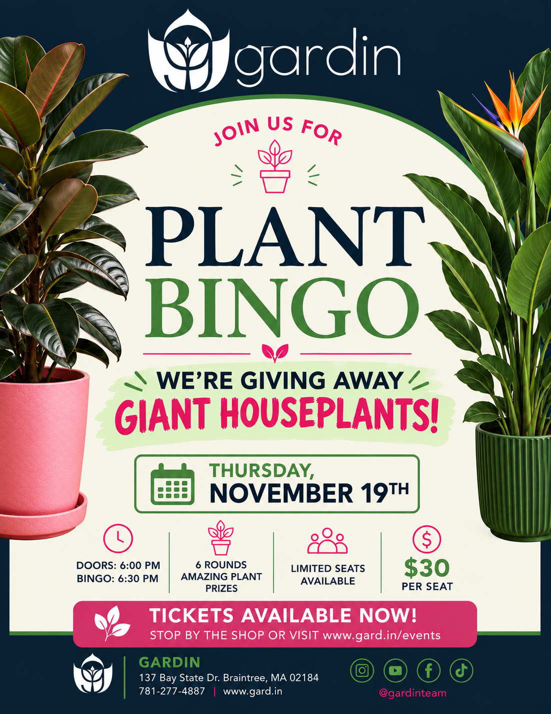 GIANT Plant Bingo at Gardin | Thursday, November 19, 2026, 6pm